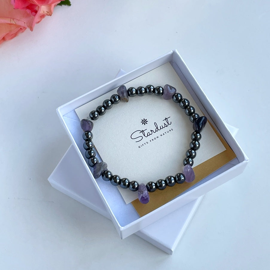 Hematite & Amethyst Bracelet | Natural Grey Gemstone Jewelry