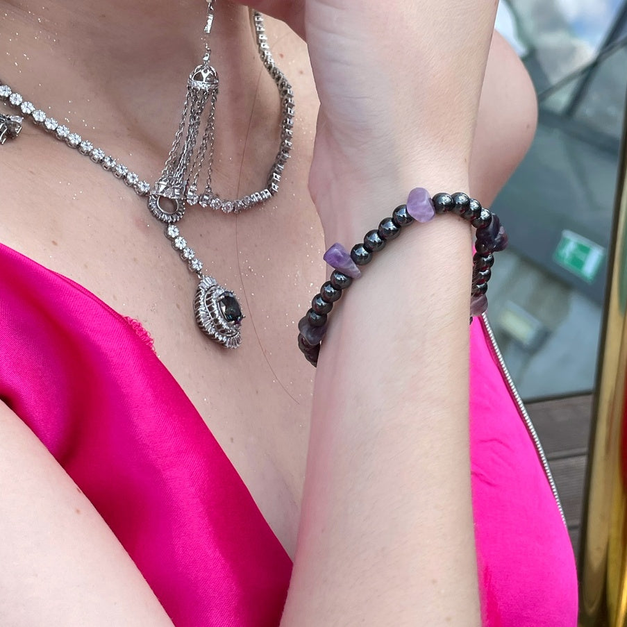 Hematite & Amethyst Bracelet | Natural Grey Gemstone Jewelry