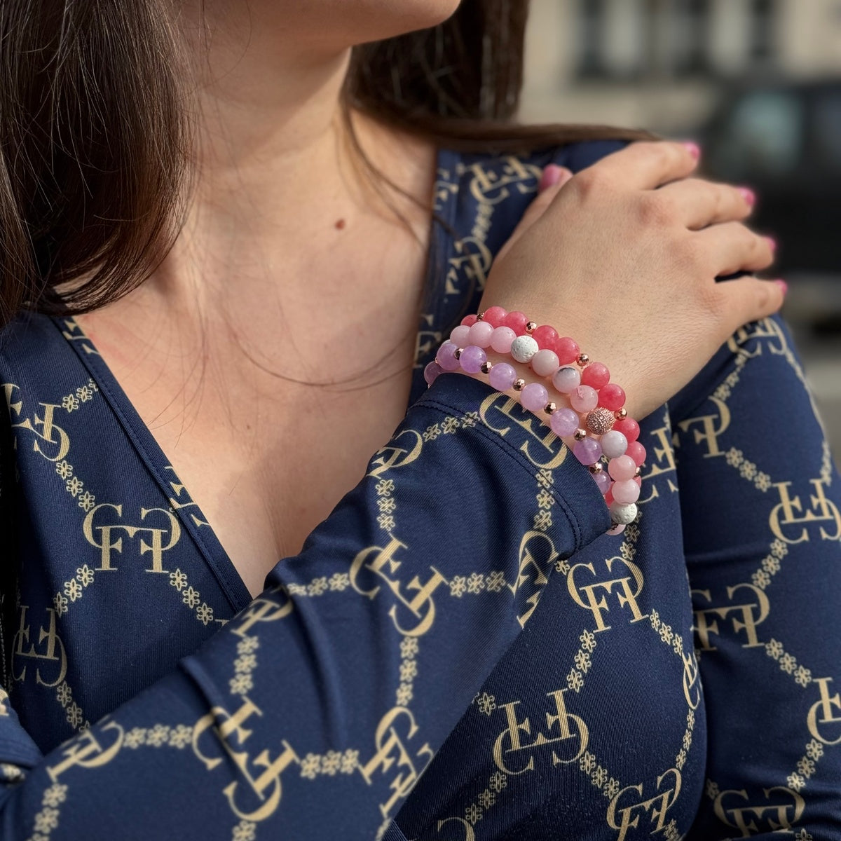 Set of pink natural stone bracelets