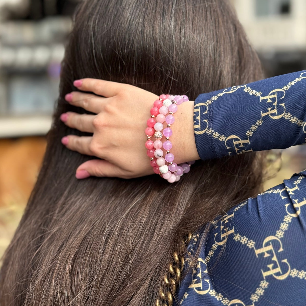 Set of pink natural stone bracelets