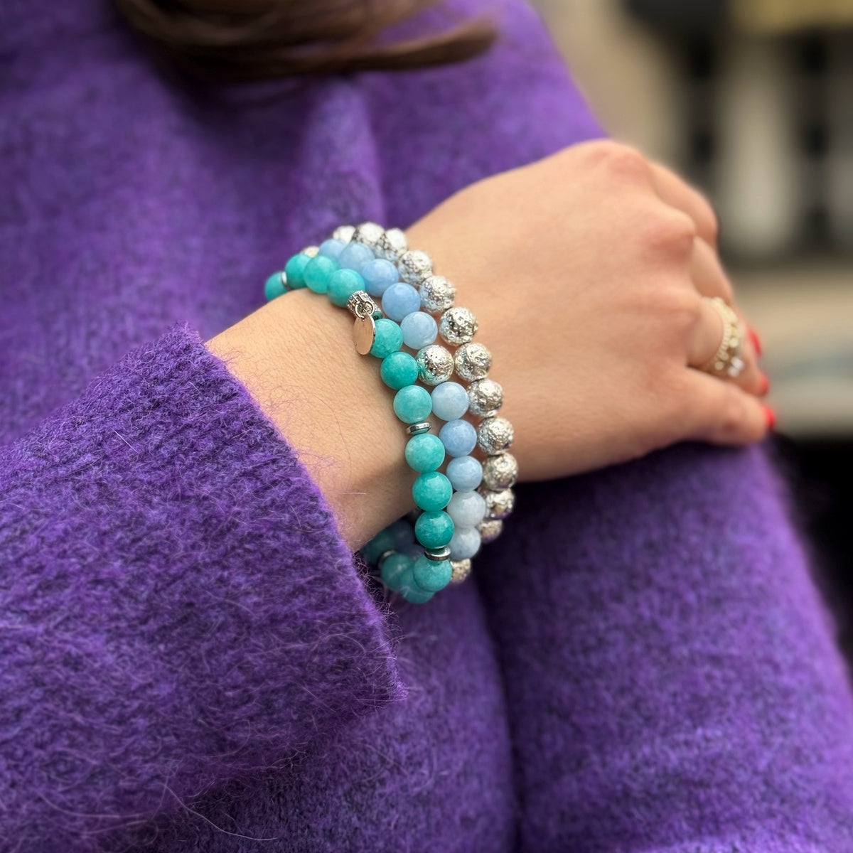 Blue Gemstone Agate Bracelet Stack