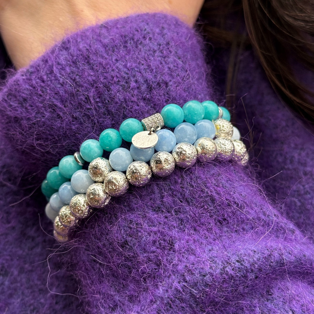 Blue Gemstone Agate Bracelet Stack