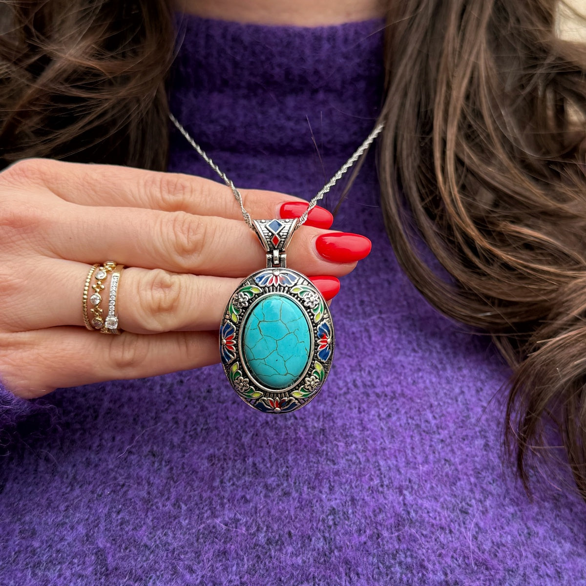 Vintage Floral Frame Gemstone Necklace | Natural Stone Pendant
