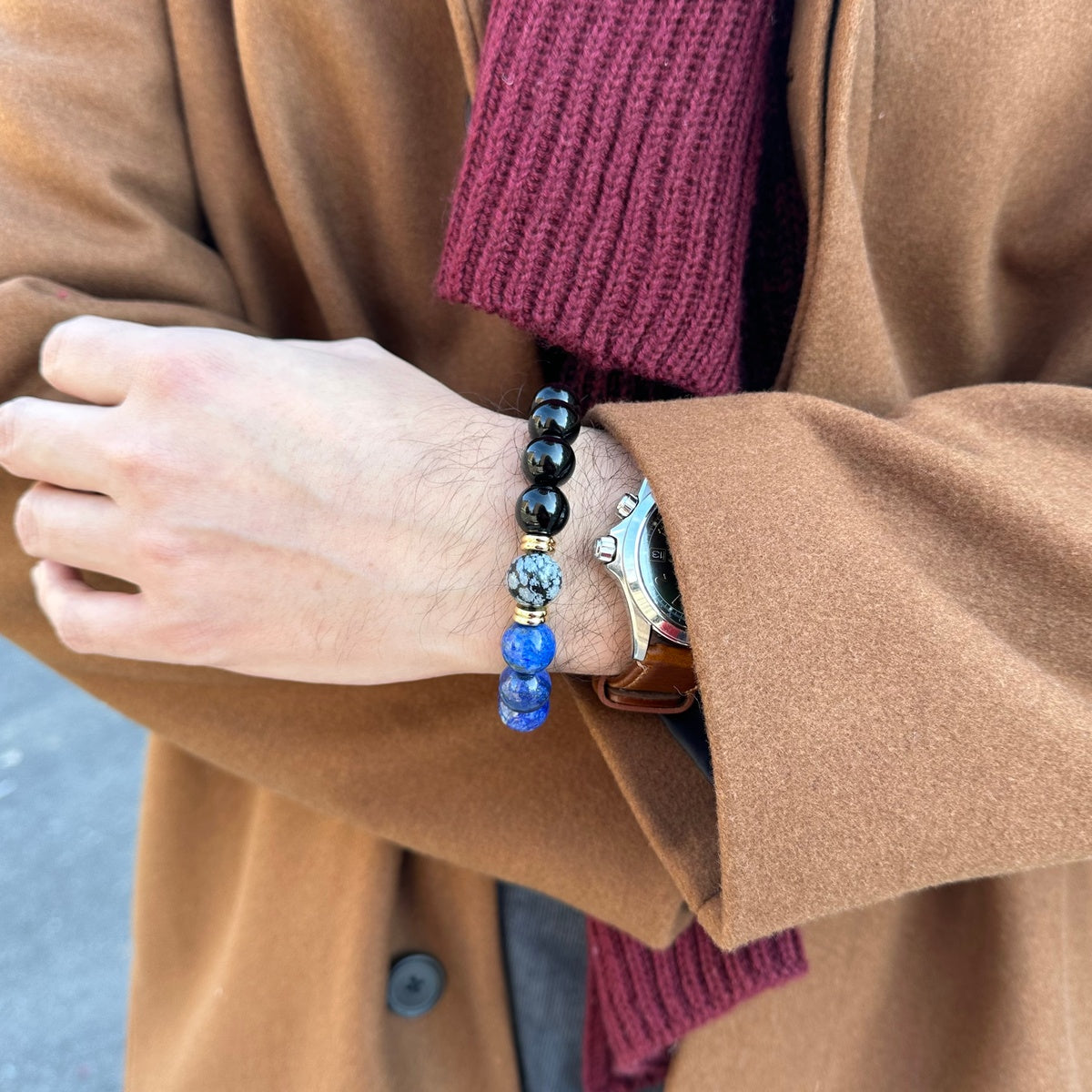 Men’s Lapis Lazuli & Tiger Eye Bracelet | 18K Gold Accents