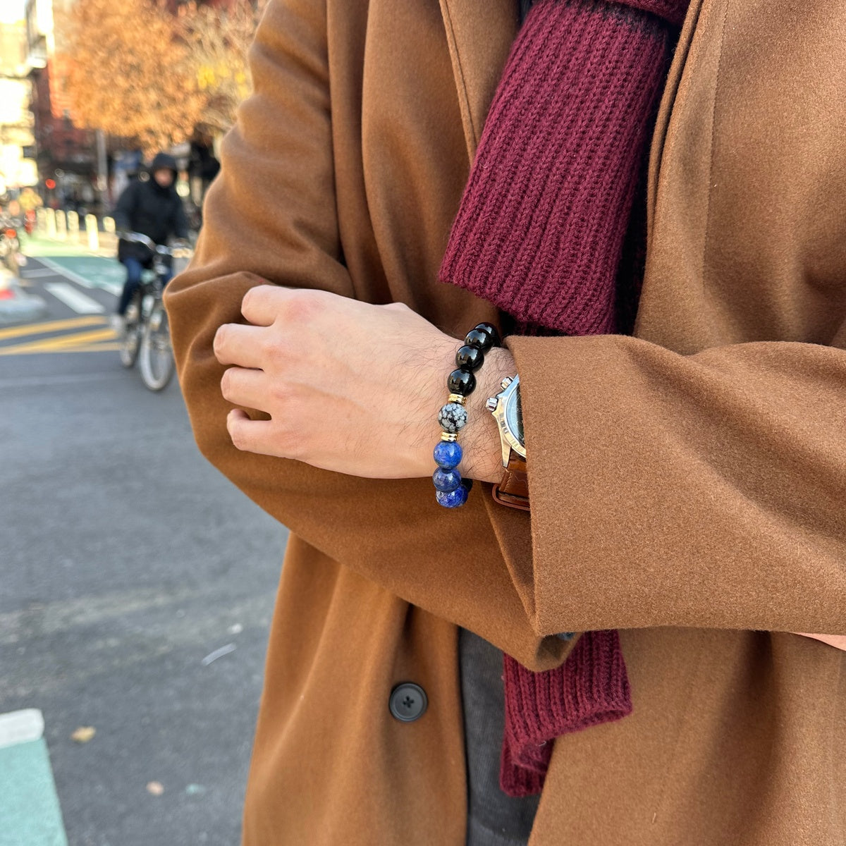 Men’s Lapis Lazuli & Tiger Eye Bracelet | 18K Gold Accents