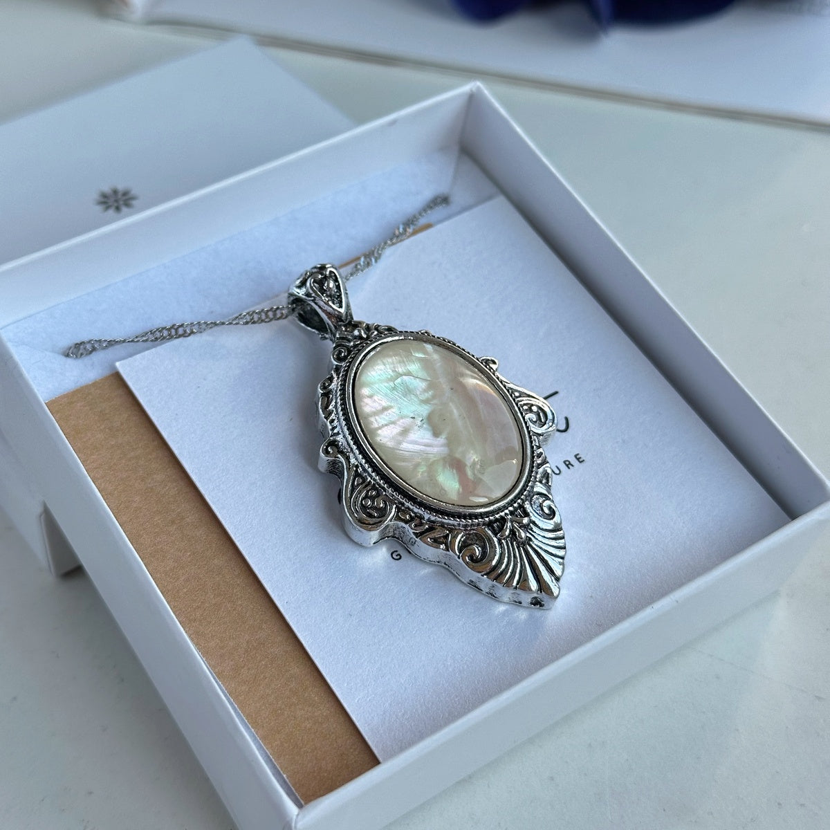 Vintage Floral Frame Gemstone Necklace | Natural Stone Pendant