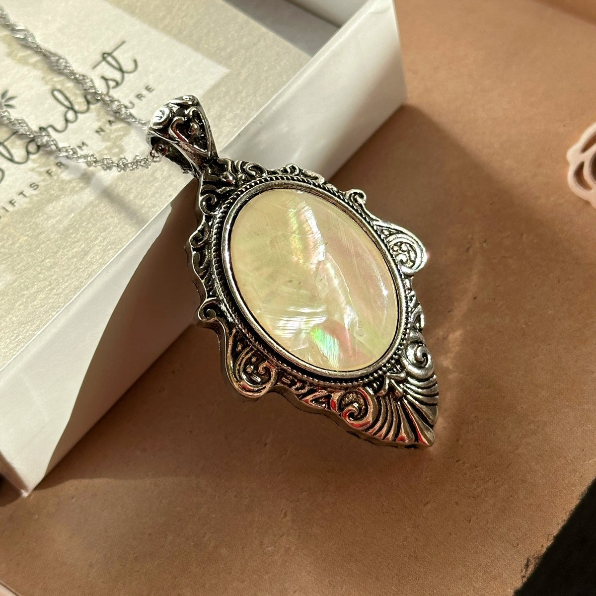 Vintage Floral Frame Gemstone Necklace | Natural Stone Pendant