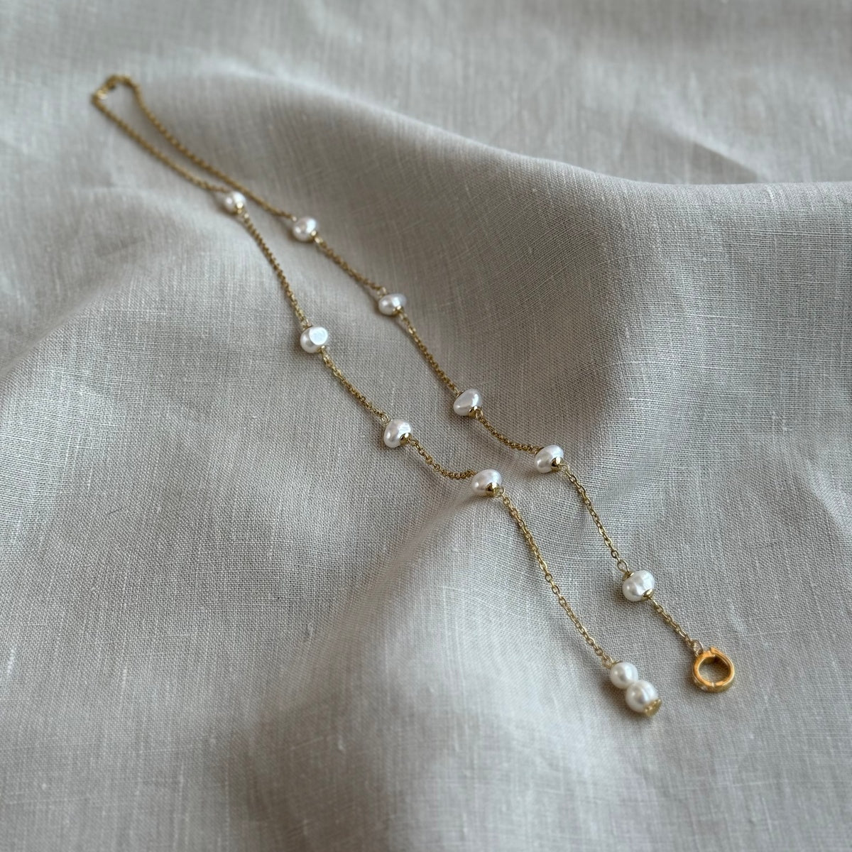Premium Asymmetrical Pearl Necklace, 18K Gold Plated, 5A Pearl Lariat Necklace, Zircon Clasp, Bridal Necklace
