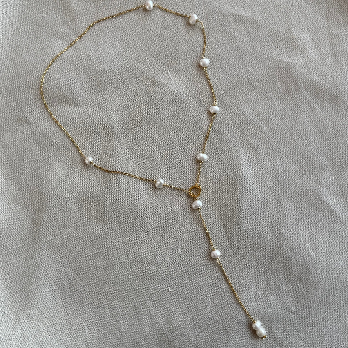 Premium Asymmetrical Pearl Necklace, 18K Gold Plated, 5A Pearl Lariat Necklace, Zircon Clasp, Bridal Necklace