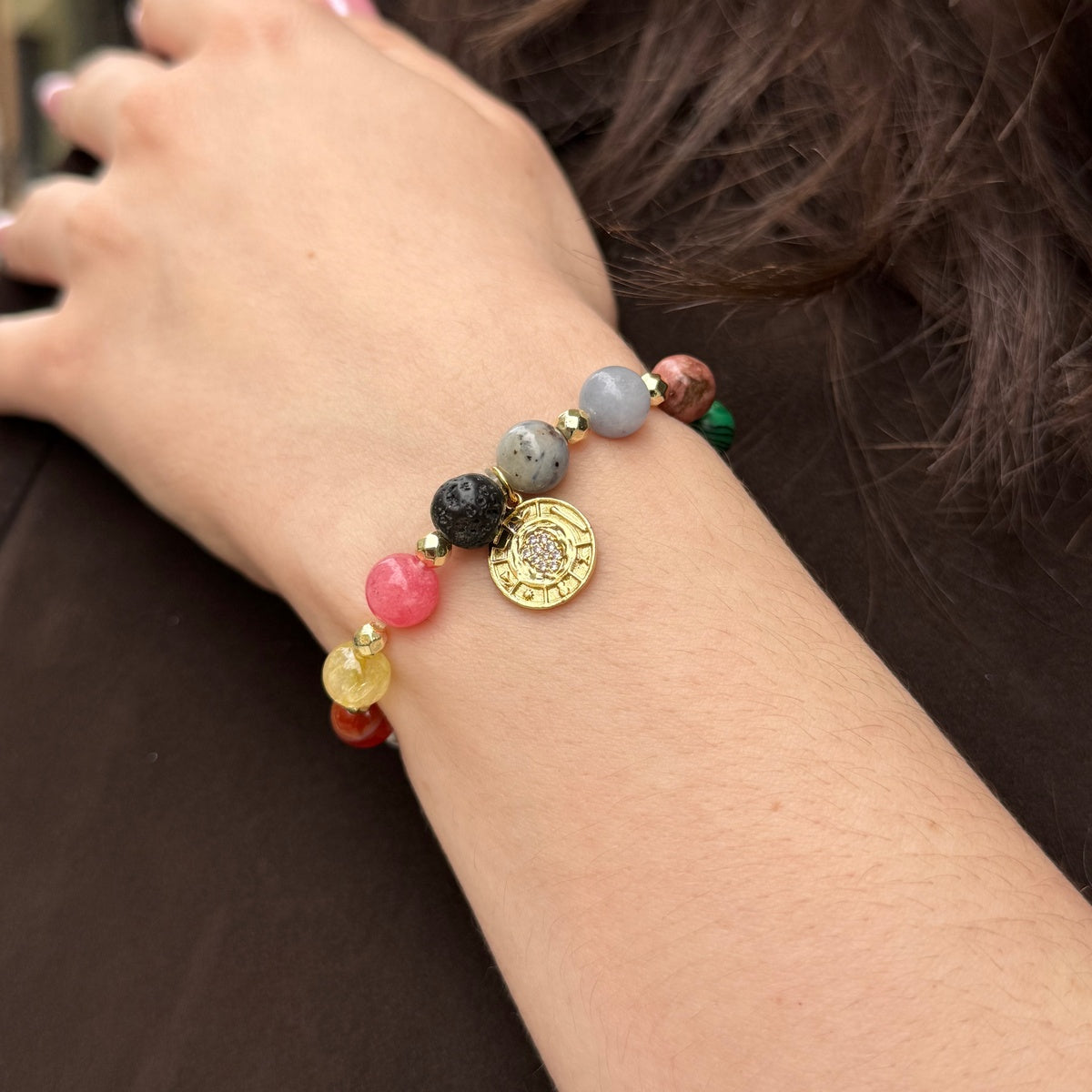 HARMONY | Colorful Gemstone Bracelet with Gold Coin Charm