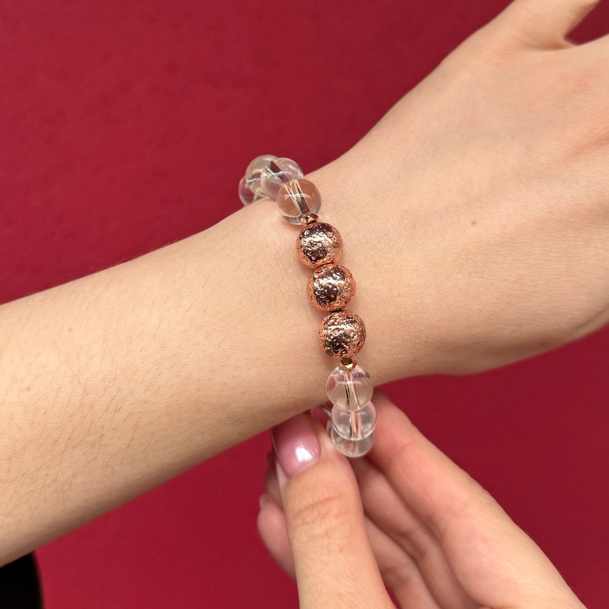 Natural Clear Quartz bracelet with rose gold Lava stone