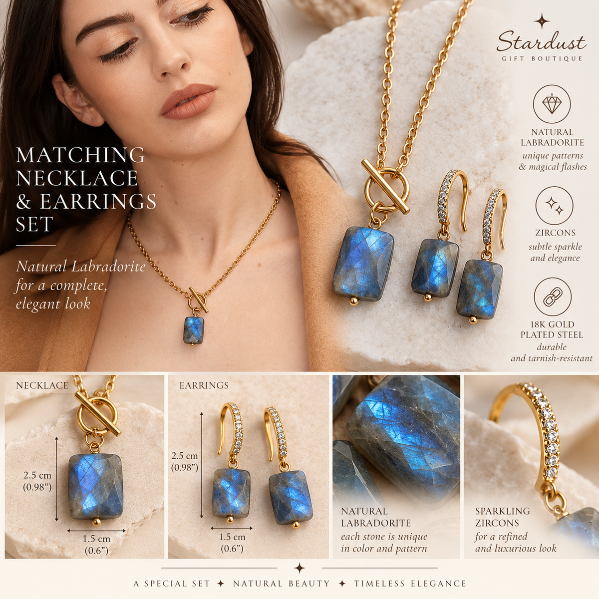 Labradorite pendant necklace, gold plated stainless steel chain