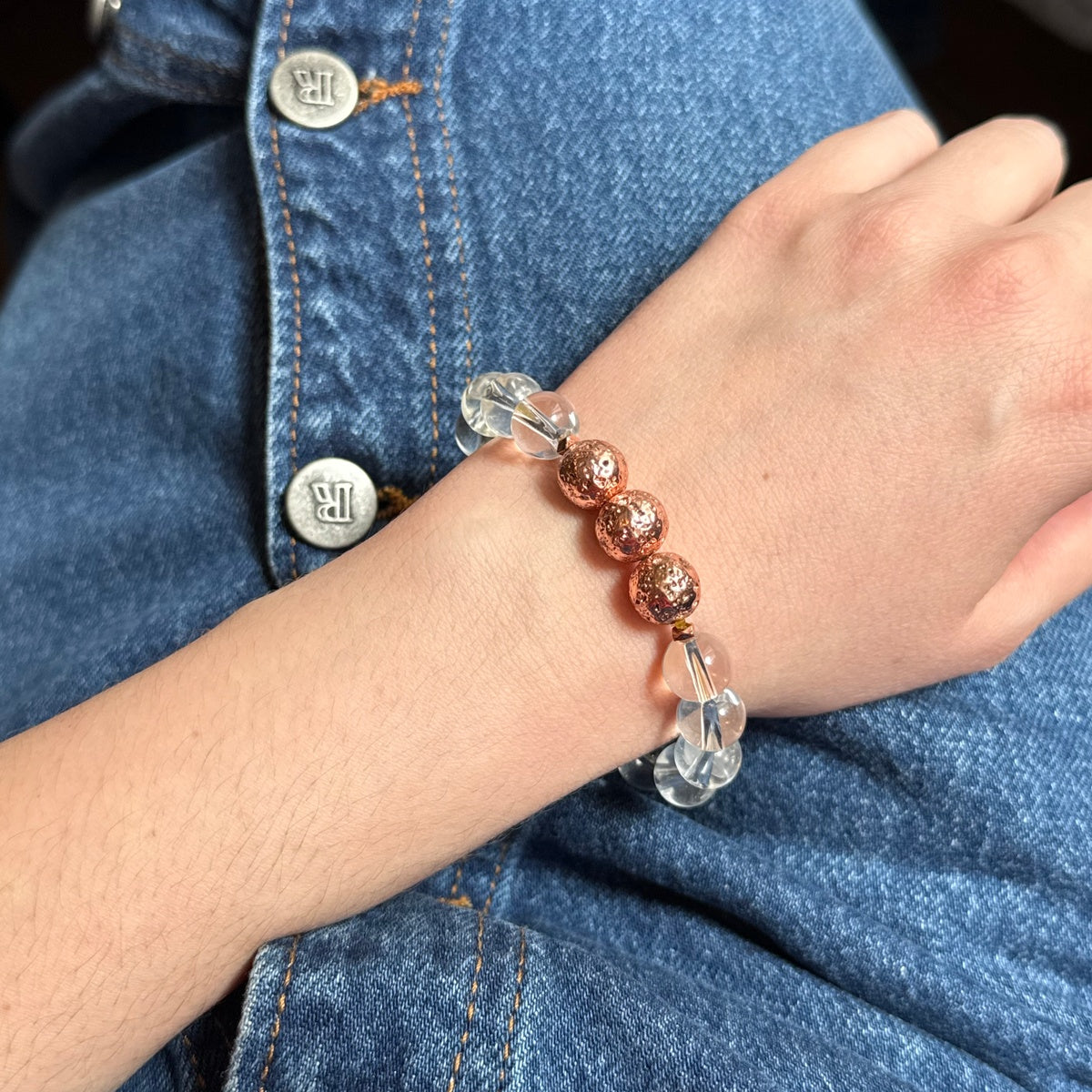 Natural Clear Quartz bracelet with rose gold Lava stone
