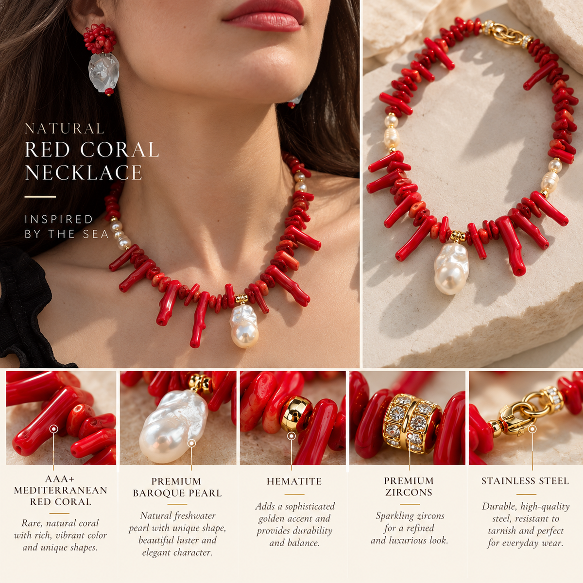 Statement Red Coral & Baroque Pearl Necklac,| Boho Chic Jewelry, Summer Necklace