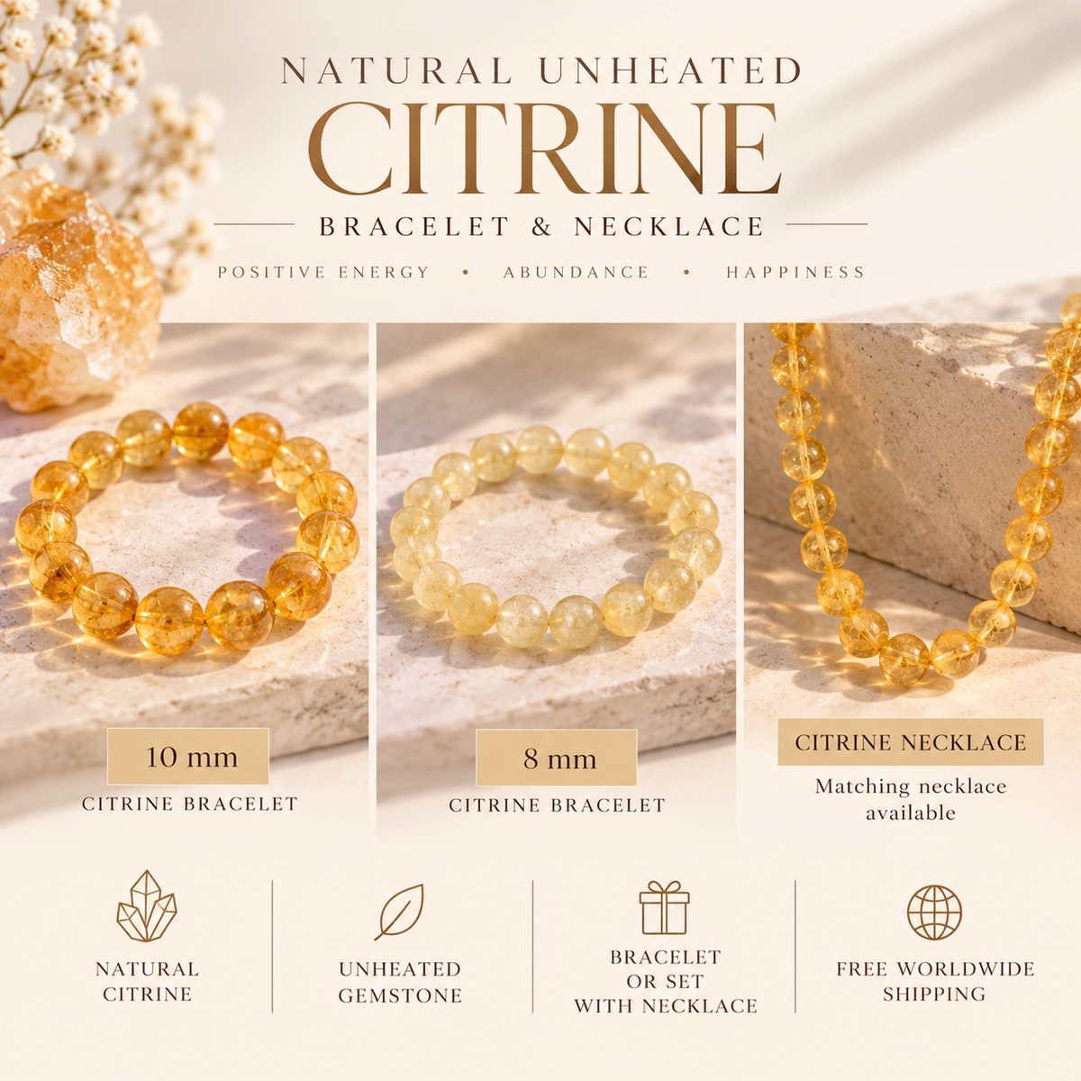 Natural Unheated Citrine Beaded Bracelet | 8mm & 10mm | Necklace Set Available