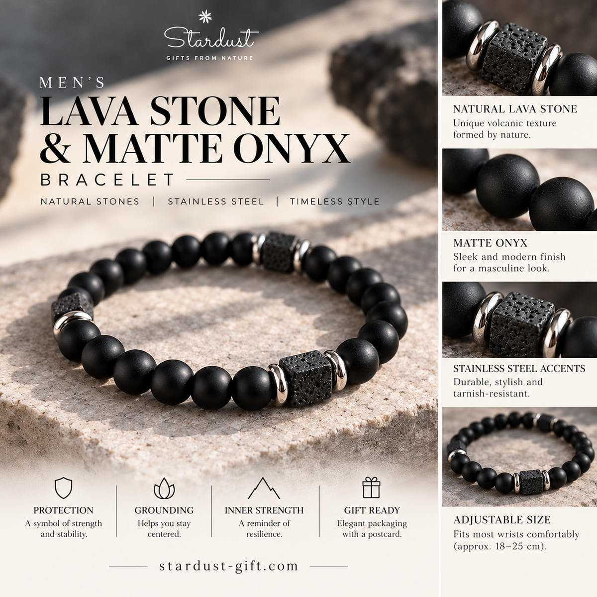 Lava Stone Cube Bracelet | Black Onyx & Steel