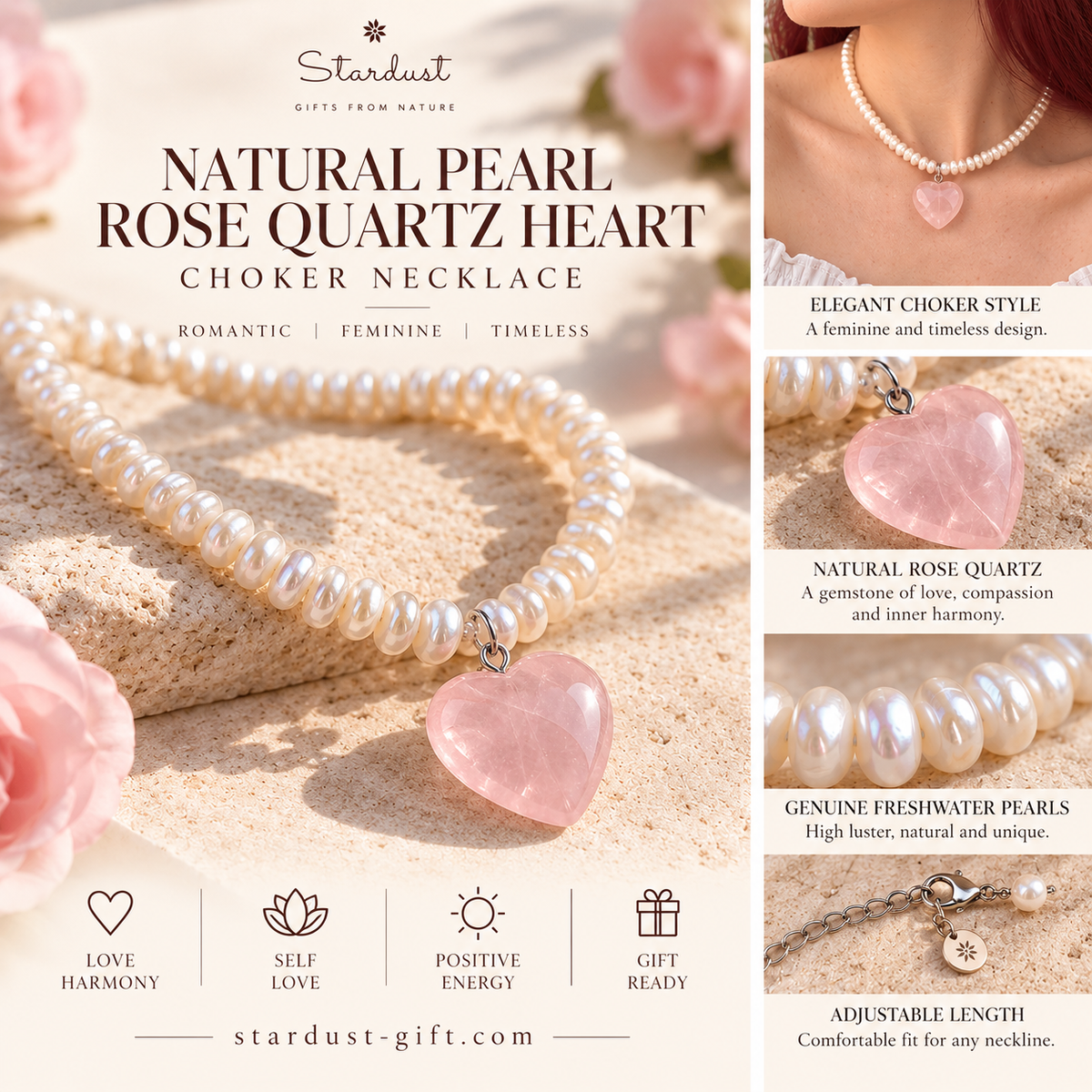 Natural Pearl Choker with Rose Quartz Heart | Romantic Gemstone Necklace