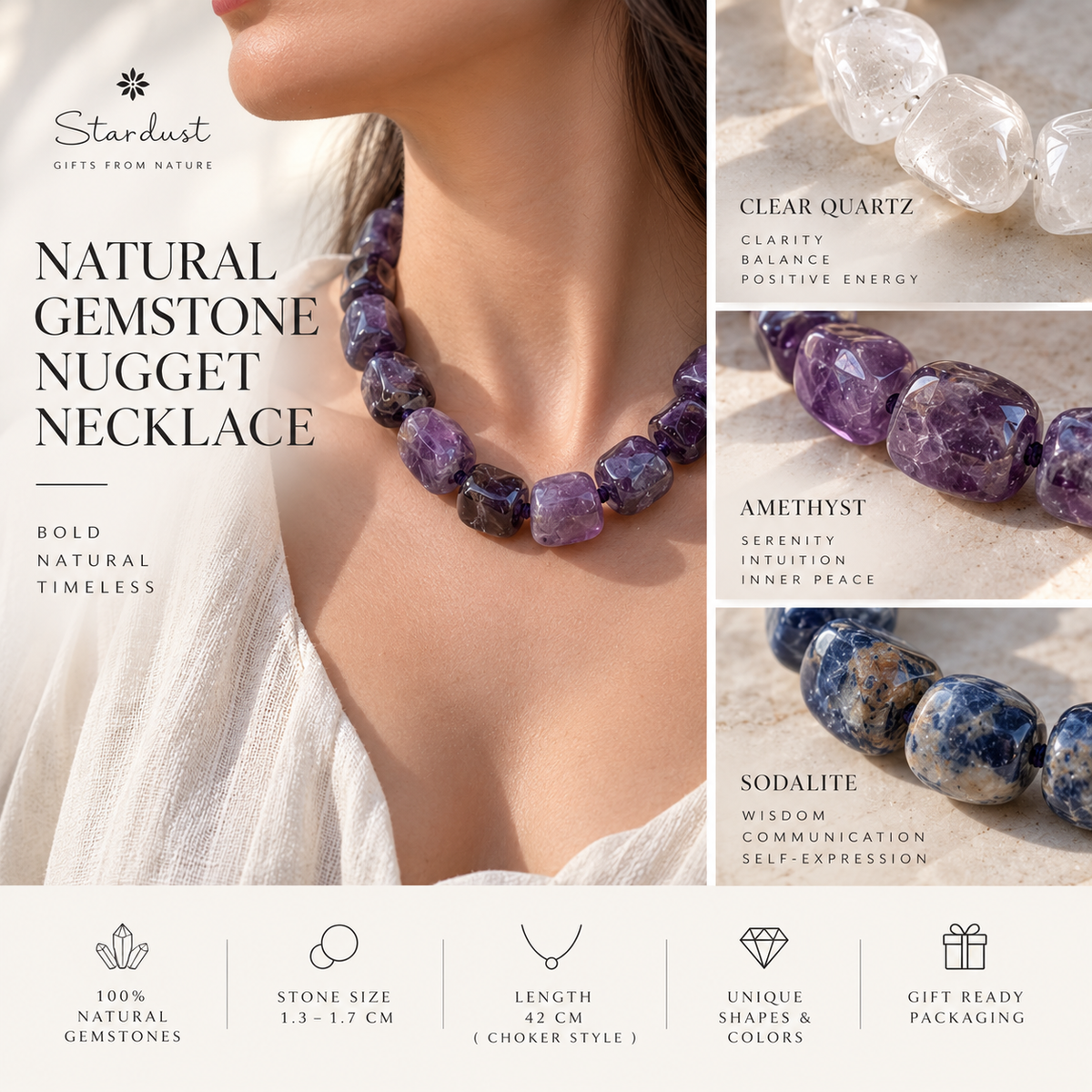 Natural Gemstone Nugget Choker Necklace | Clear Quartz, Amethyst & Sodalite