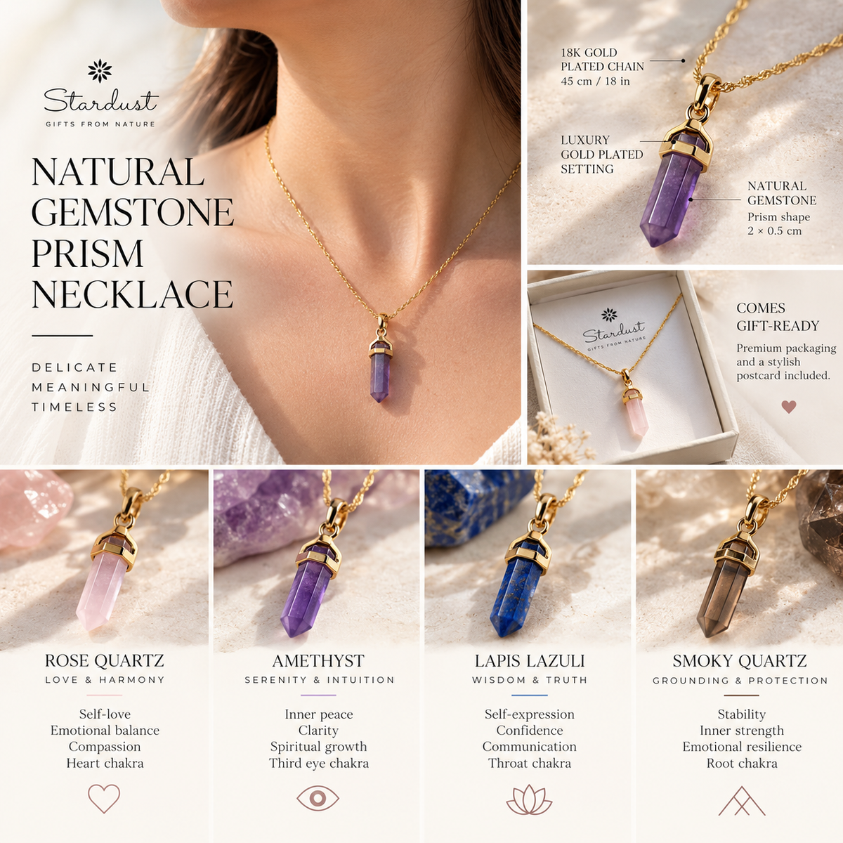 Natural Gemstone Prism Pendant Necklace | Amethyst, Lapis Lazuli, Rose Quartz & Smoky Quartz | Gold