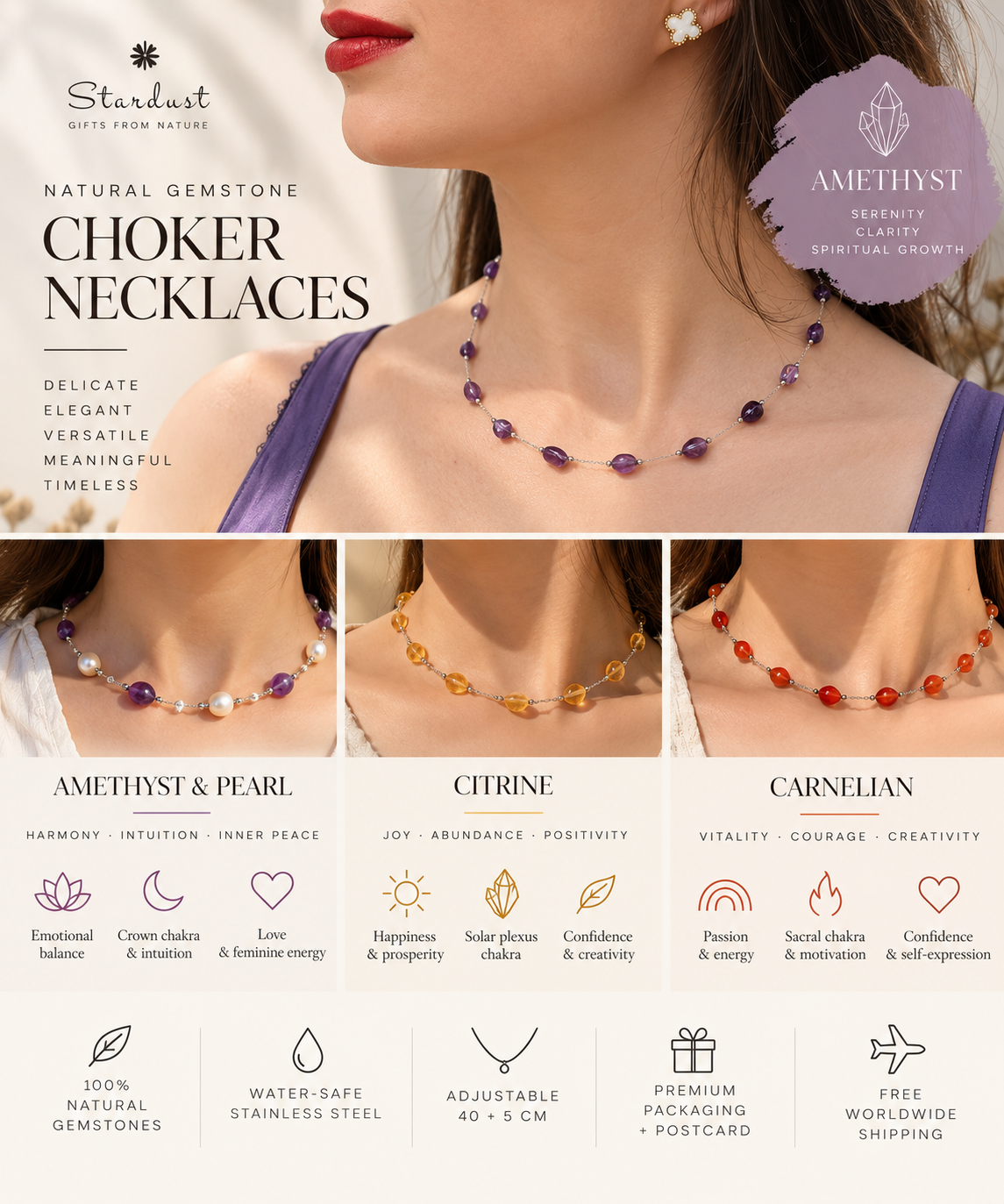 Natural Gemstone Choker Necklace | Amethyst, Carnelian & Citrine