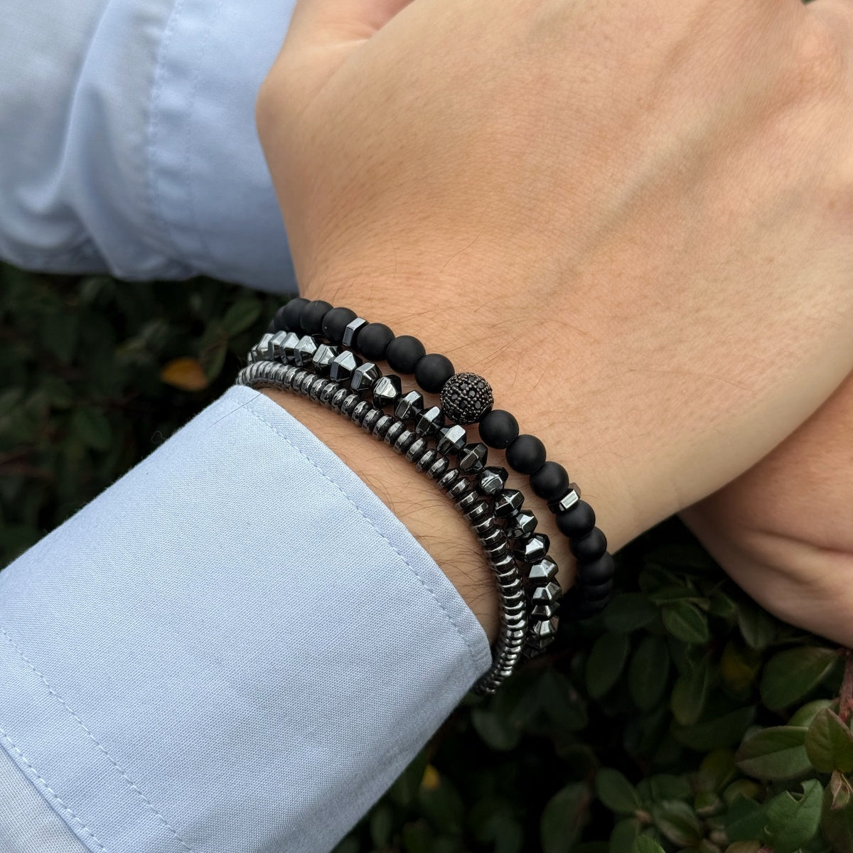 Men’s Black Onyx & Hematite Bracelet Set | Black Zircon