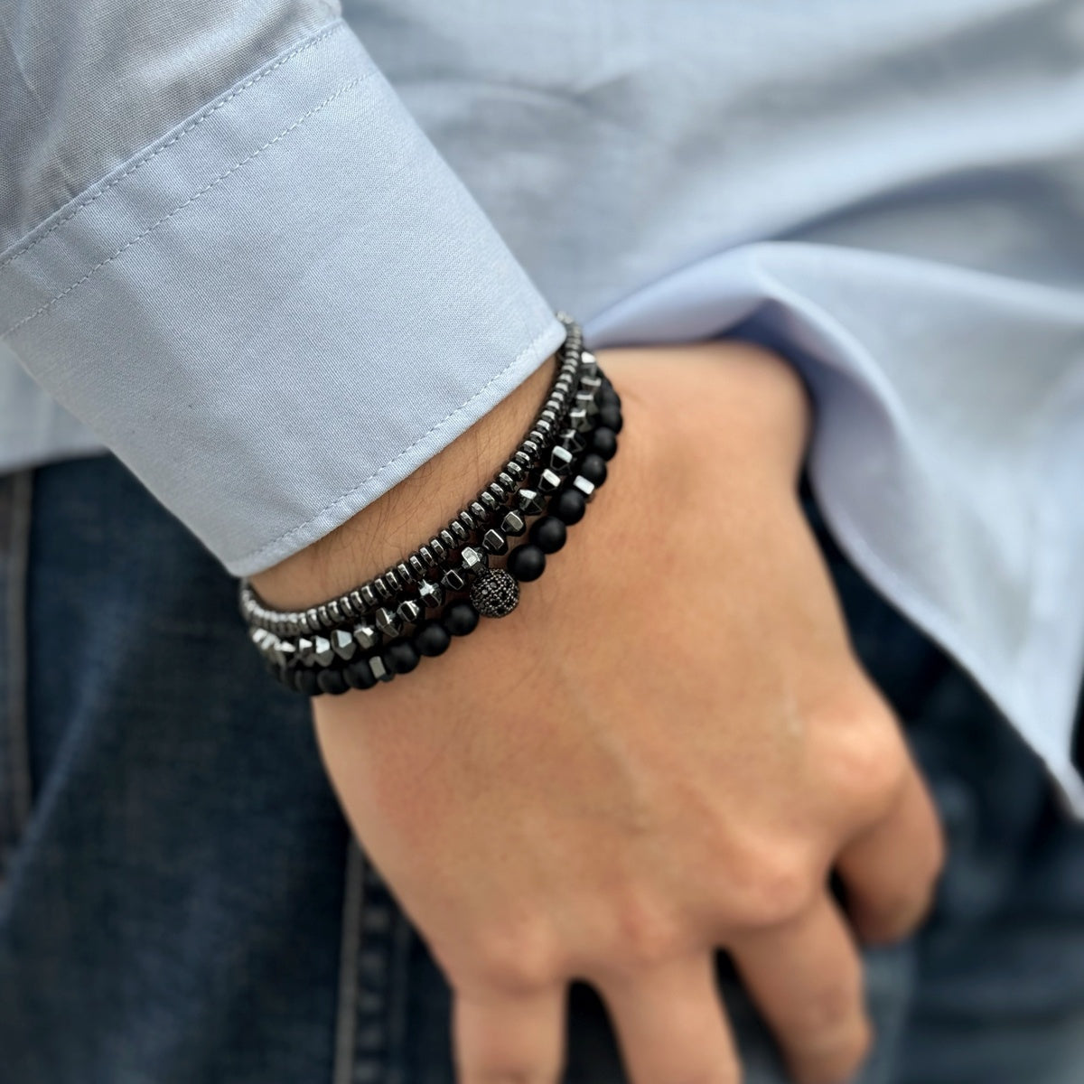 Men’s Black Onyx & Hematite Bracelet Set | Black Zircon