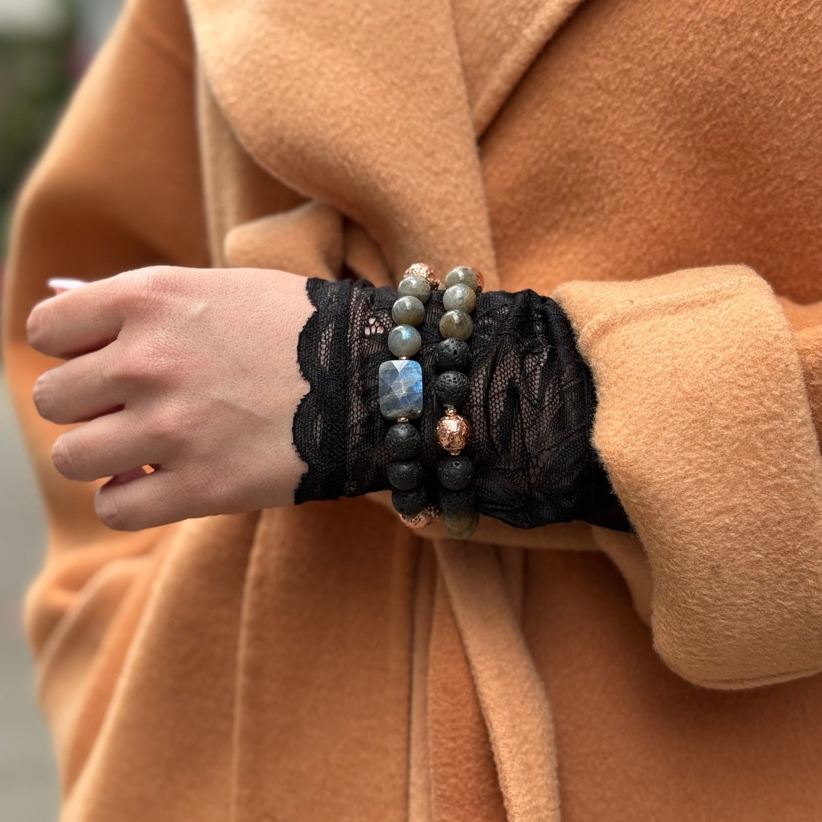 Labradorite Lava Rose Gold Bracelet Stack