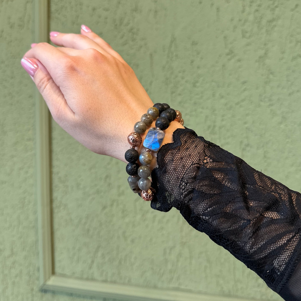 Labradorite Lava Rose Gold Bracelet Stack