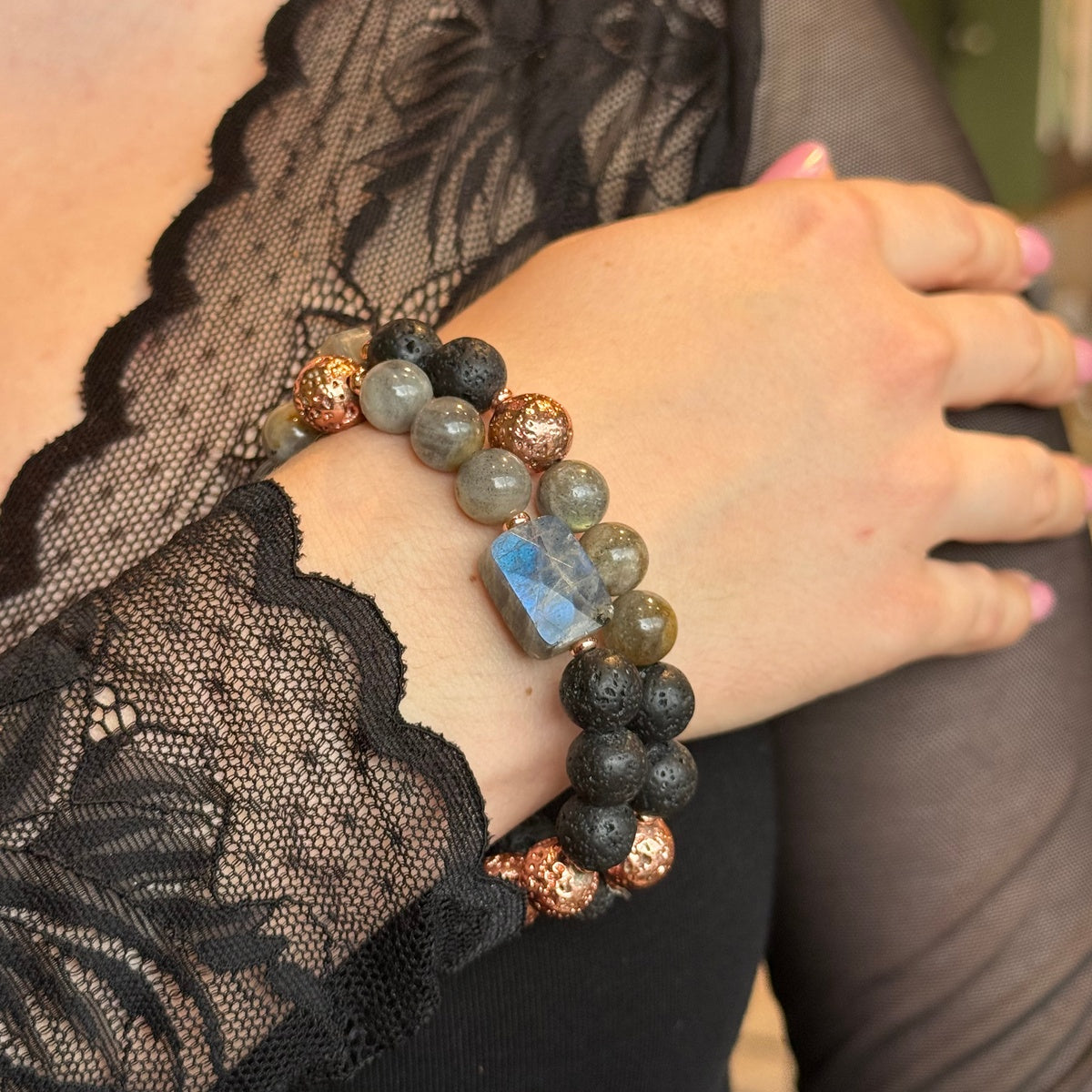 Labradorite Lava Rose Gold Bracelet Stack