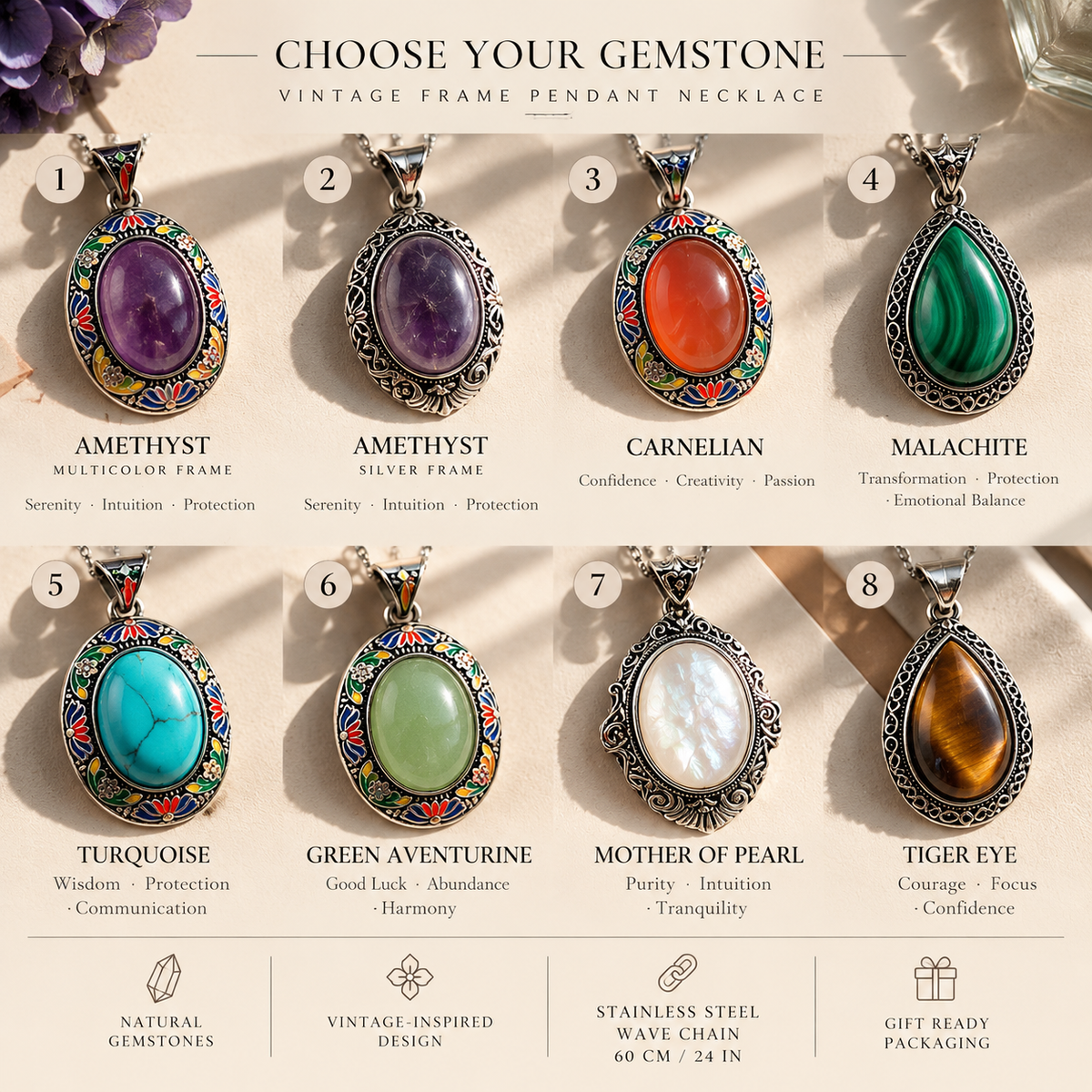 Vintage Floral Frame Gemstone Necklace | Natural Stone Pendant