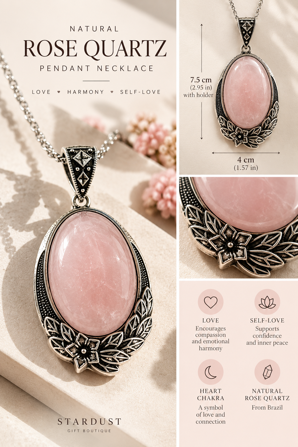 Large Rose Quartz Floral Pendant Necklace | Pink Gemstone Statement Jewelry