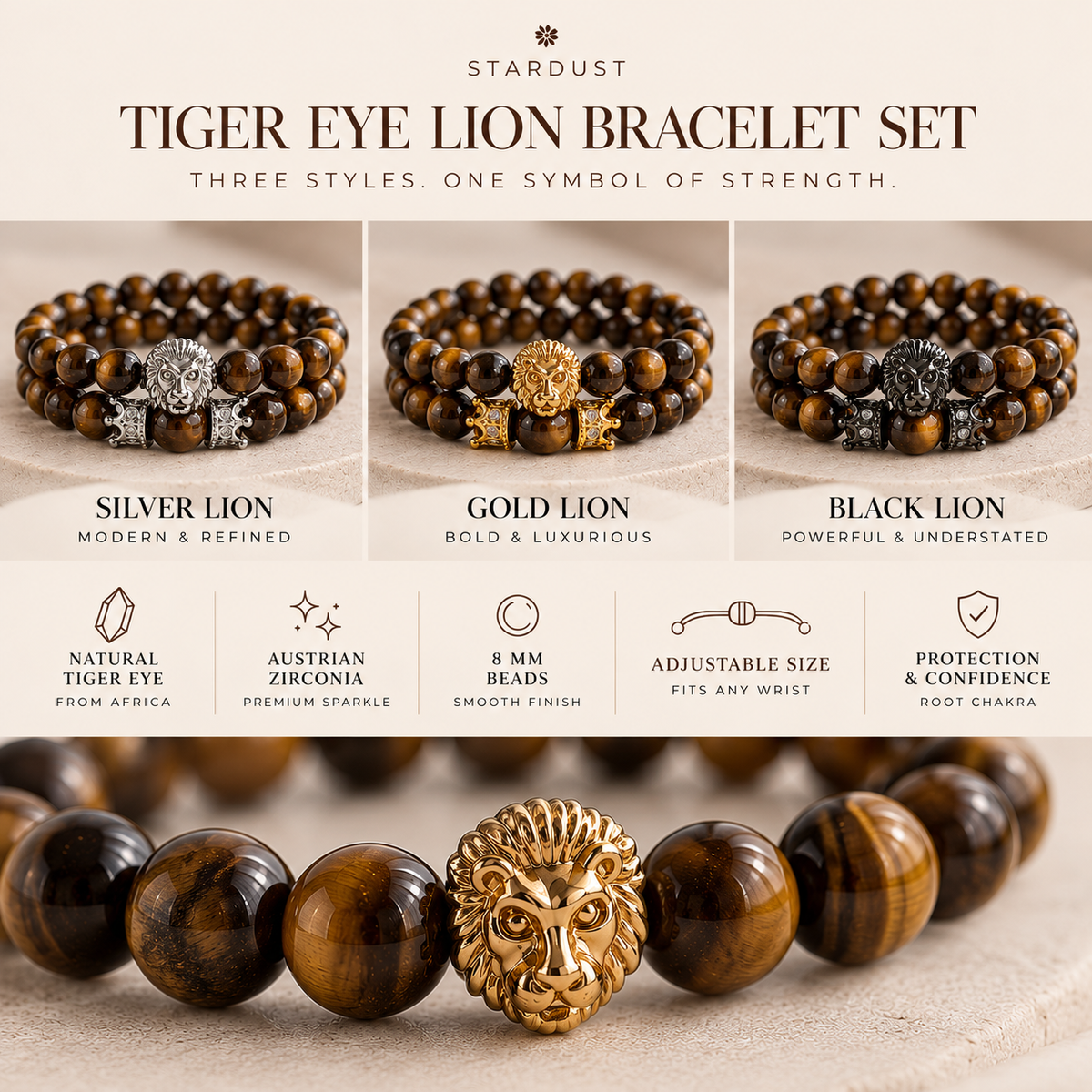 Men’s Tiger Eye Bracelet Set | Silver, Gold & Black Lion