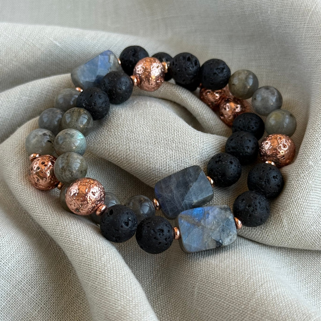 Labradorite Lava Rose Gold Bracelet Stack