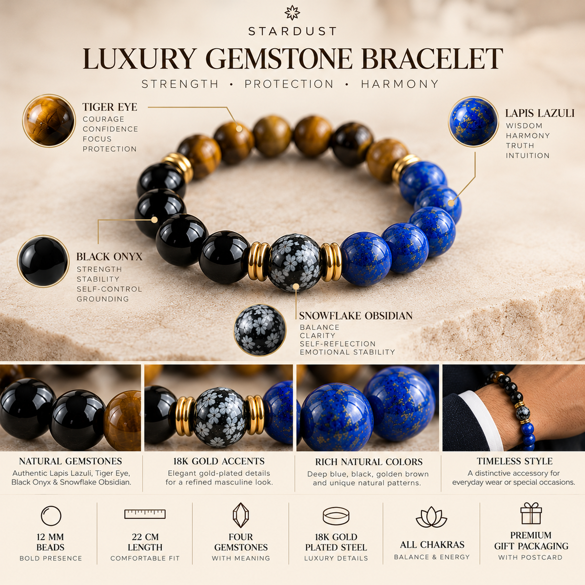 Men’s Lapis Lazuli & Tiger Eye Bracelet | 18K Gold Accents