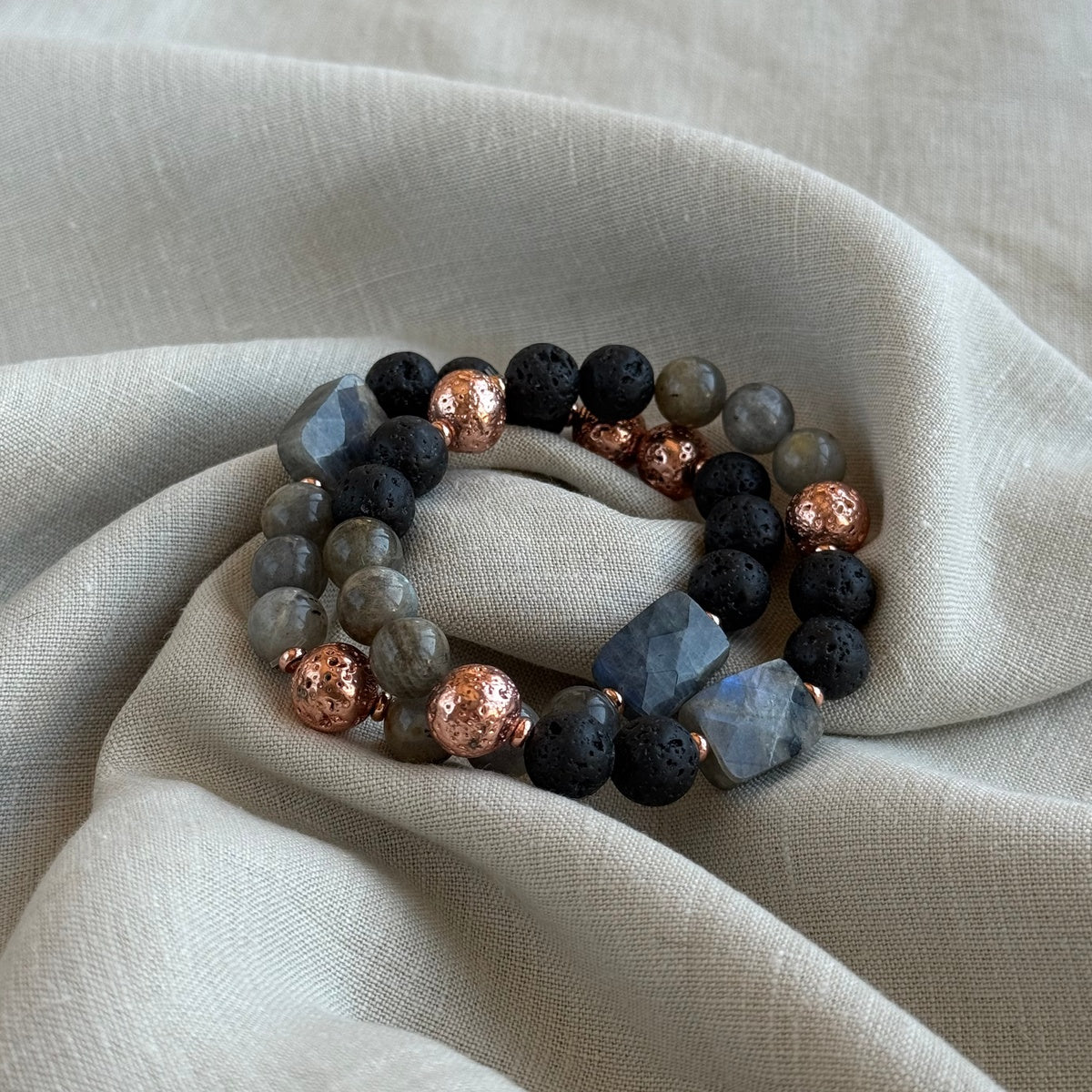 Labradorite Lava Rose Gold Bracelet Stack