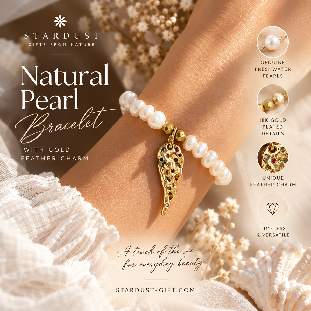 ANGEL | Freshwater Pearl Bracelet with Gold Feather Charm