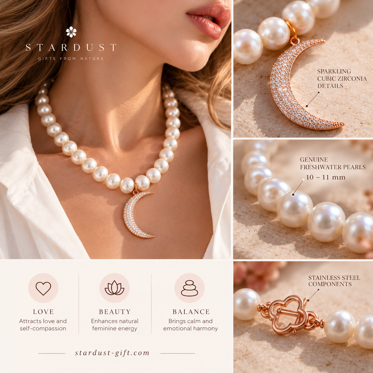 MOONLIGHT | Luxury Freshwater Pearl Necklace with 18K Rose Gold Moon
