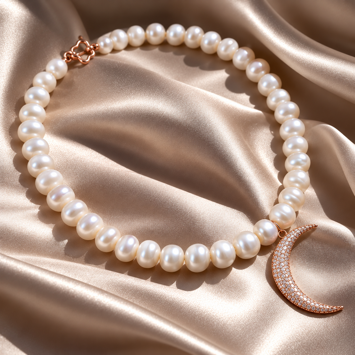 MOONLIGHT | Luxury Freshwater Pearl Necklace with 18K Rose Gold Moon