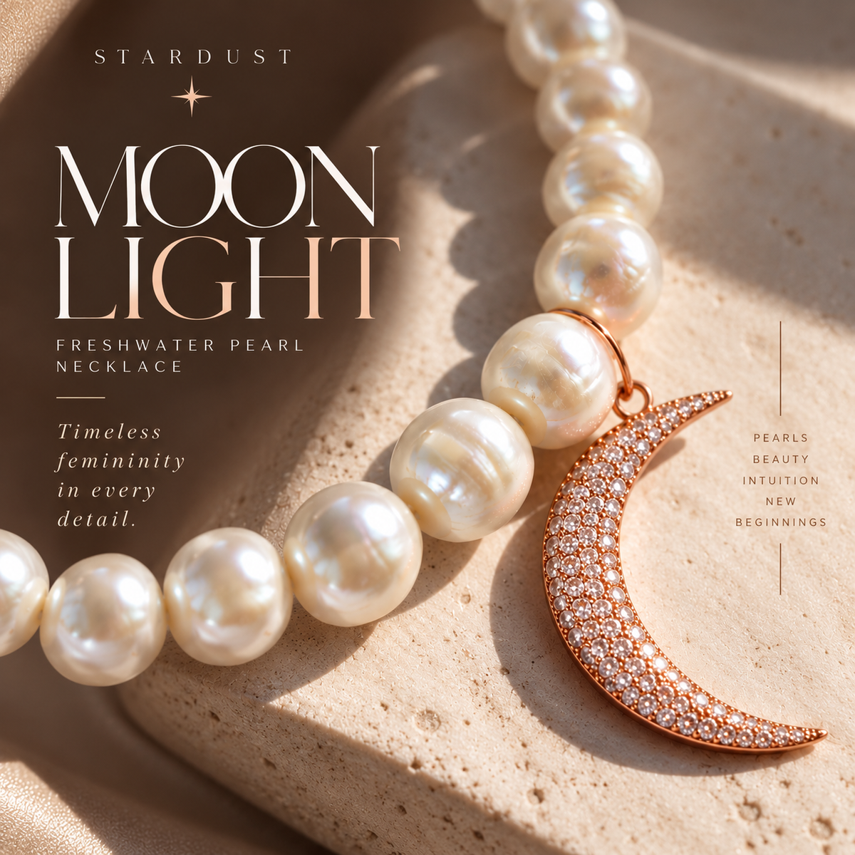 MOONLIGHT | Luxury Freshwater Pearl Necklace with 18K Rose Gold Moon