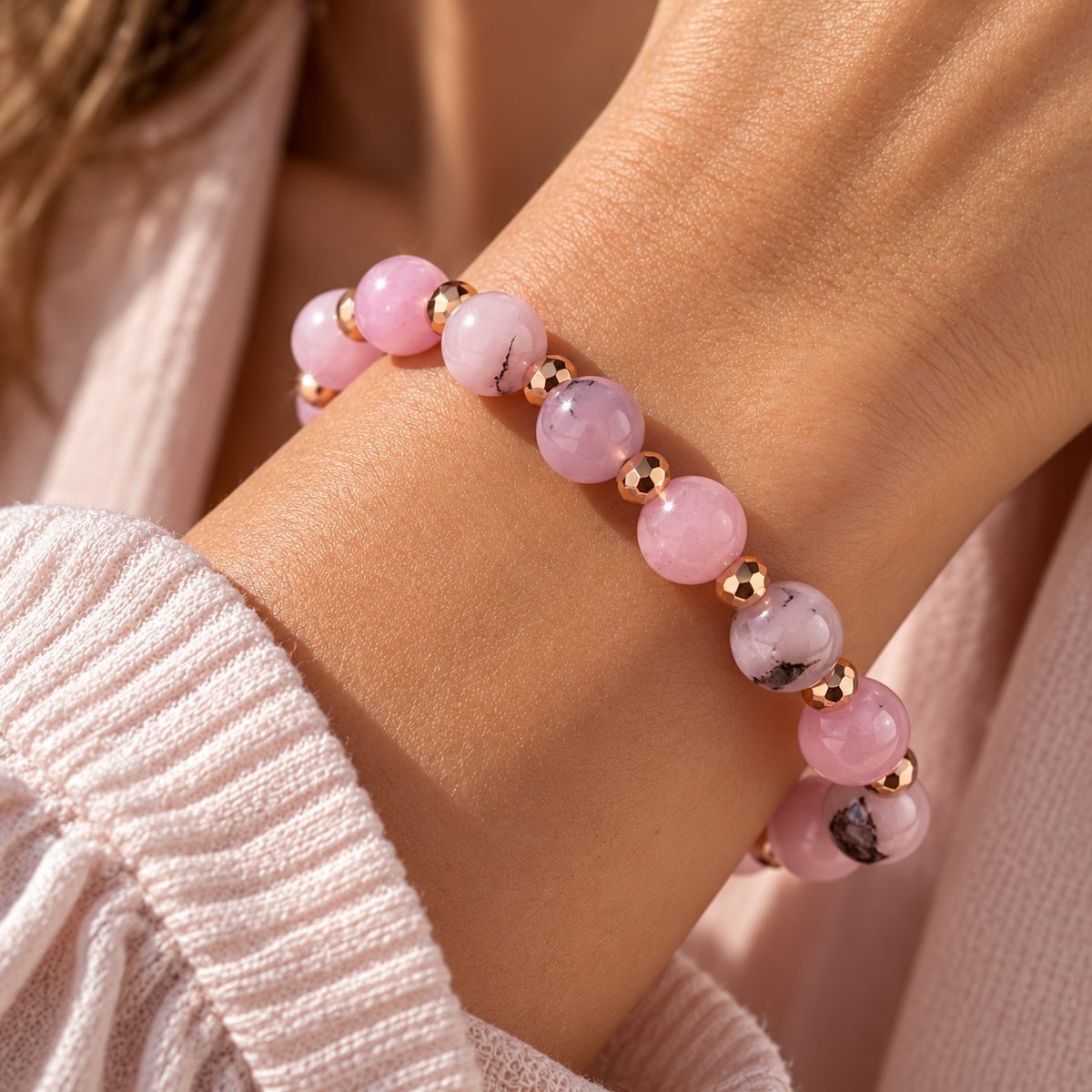 Pink Rhodonite Bracelet | Natural Gemstone & Rose Gold Hematite