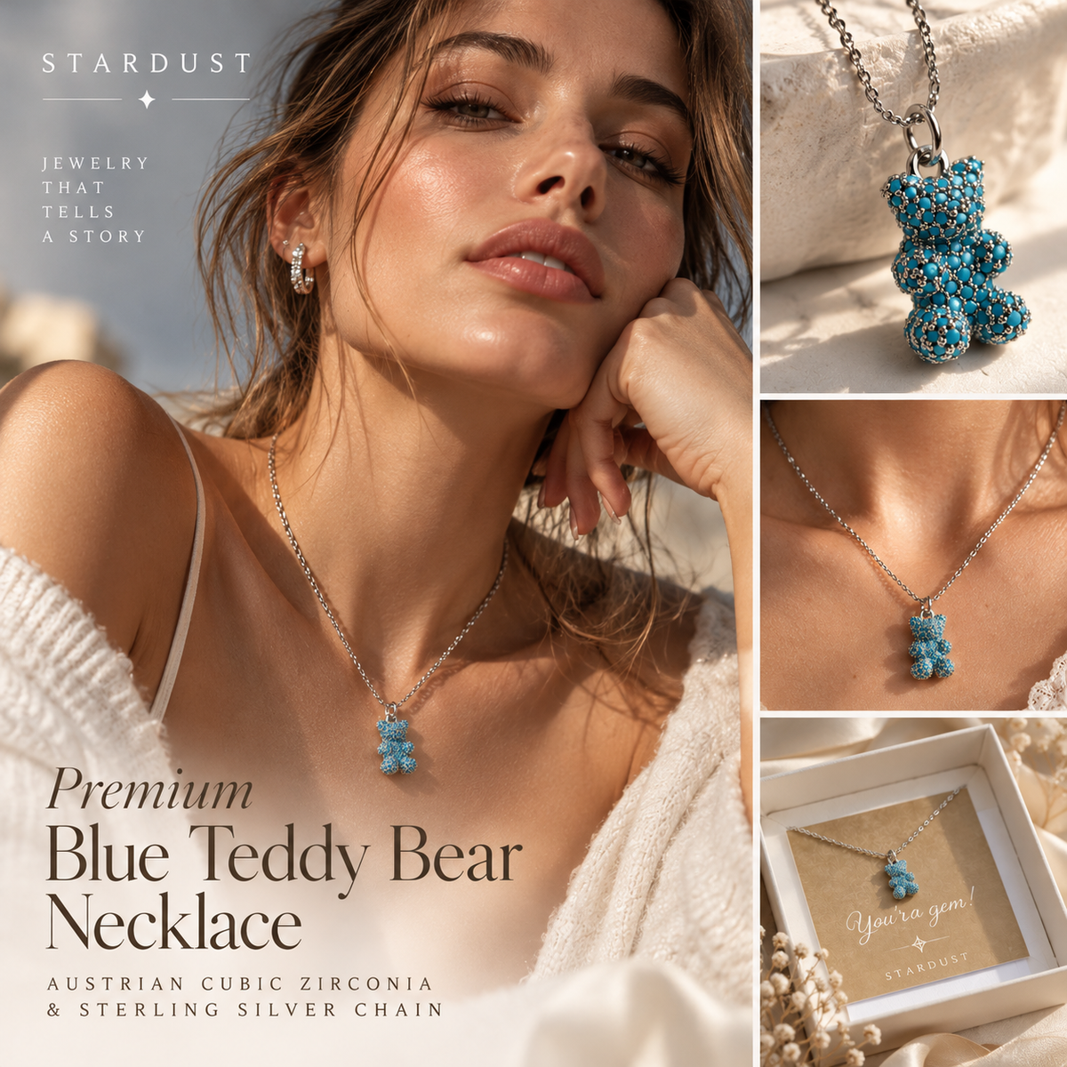 Premium Blue Teddy Bear Necklace | Austrian Cubic Zirconia & Sterling Silver