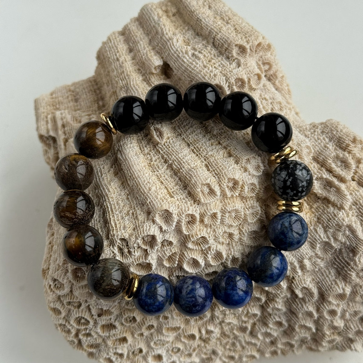 Men’s Lapis Lazuli & Tiger Eye Bracelet | 18K Gold Accents
