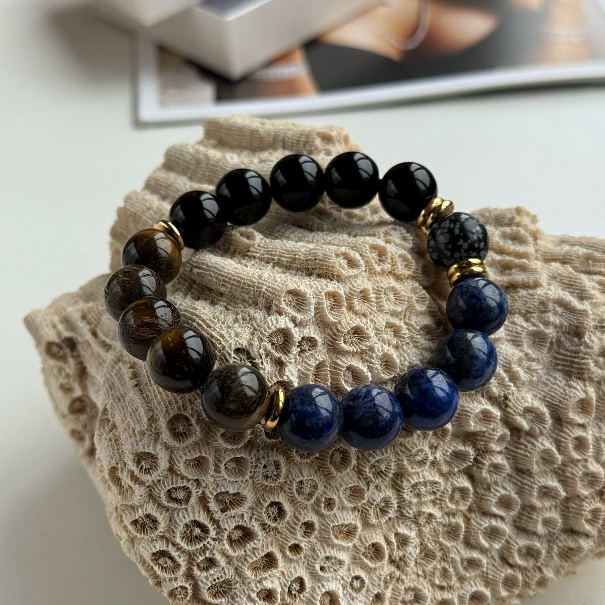 Men’s Lapis Lazuli & Tiger Eye Bracelet | 18K Gold Accents