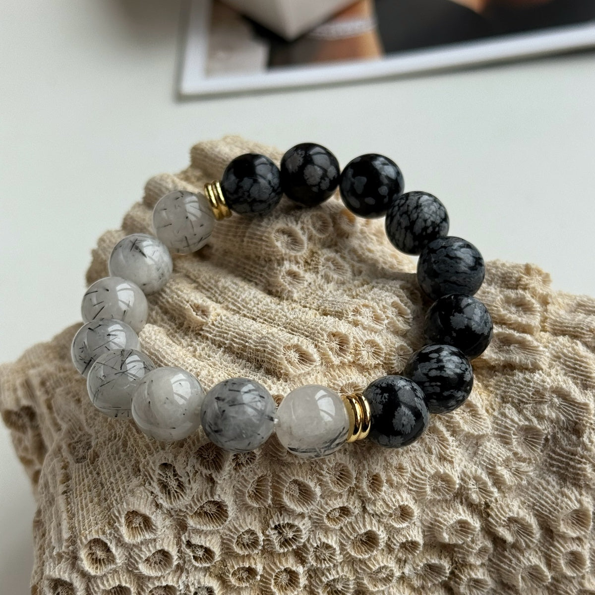 Snowflake Obsidian & Rutilated Quartz Bracelet | 18K Gold Accents