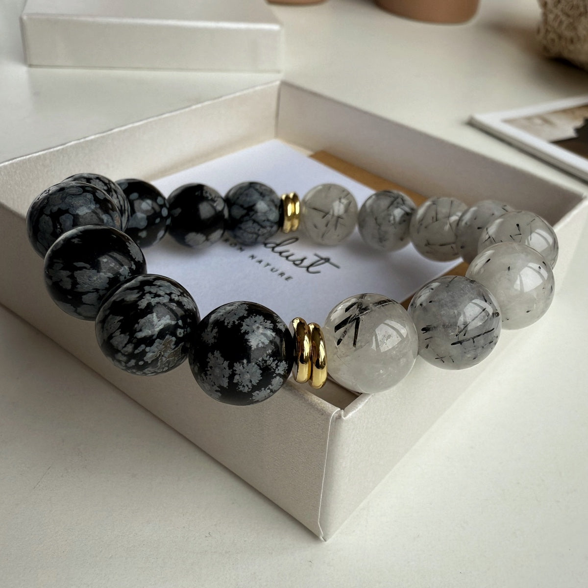 Snowflake Obsidian & Rutilated Quartz Bracelet | 18K Gold Accents