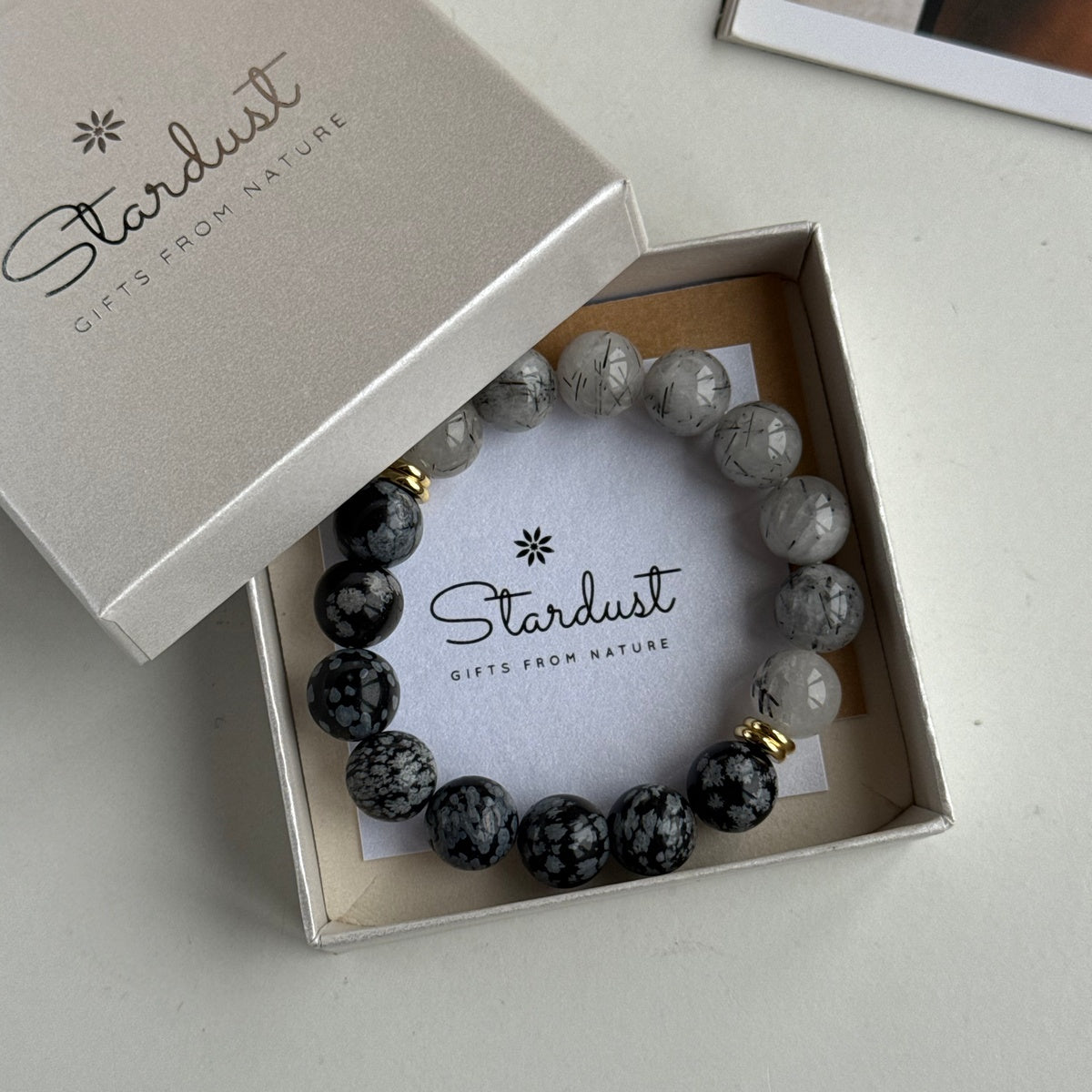 Snowflake Obsidian & Rutilated Quartz Bracelet | 18K Gold Accents