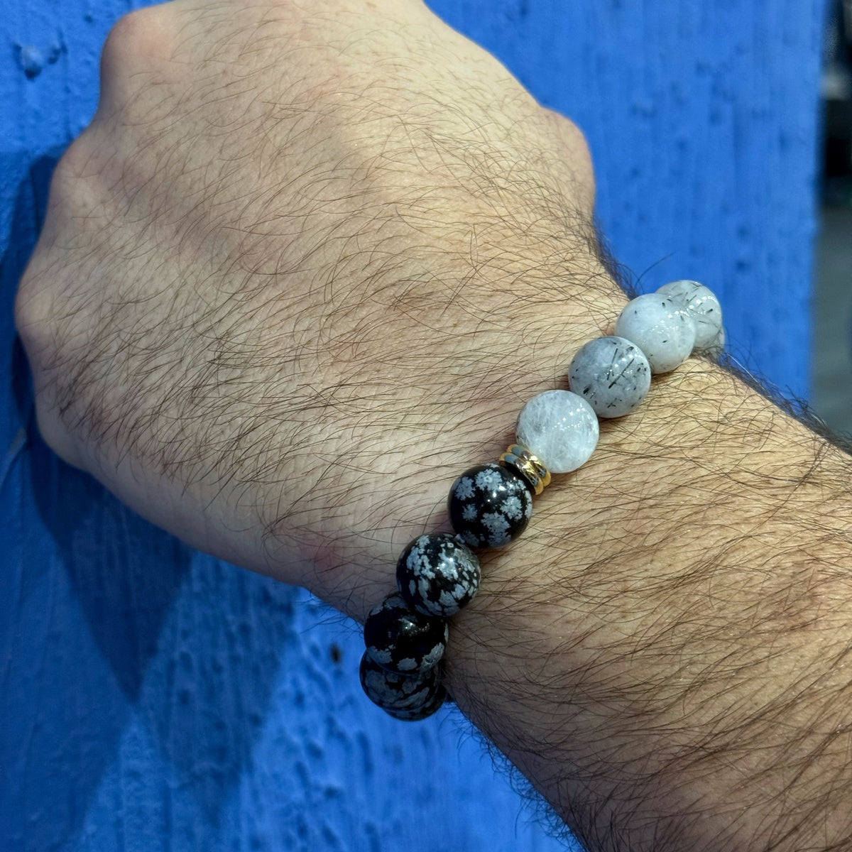 Snowflake Obsidian & Rutilated Quartz Bracelet | 18K Gold Accents