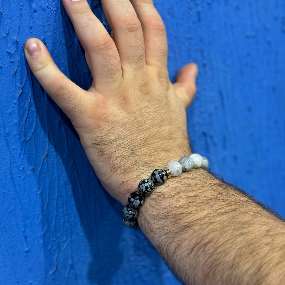 Snowflake Obsidian & Rutilated Quartz Bracelet | 18K Gold Accents
