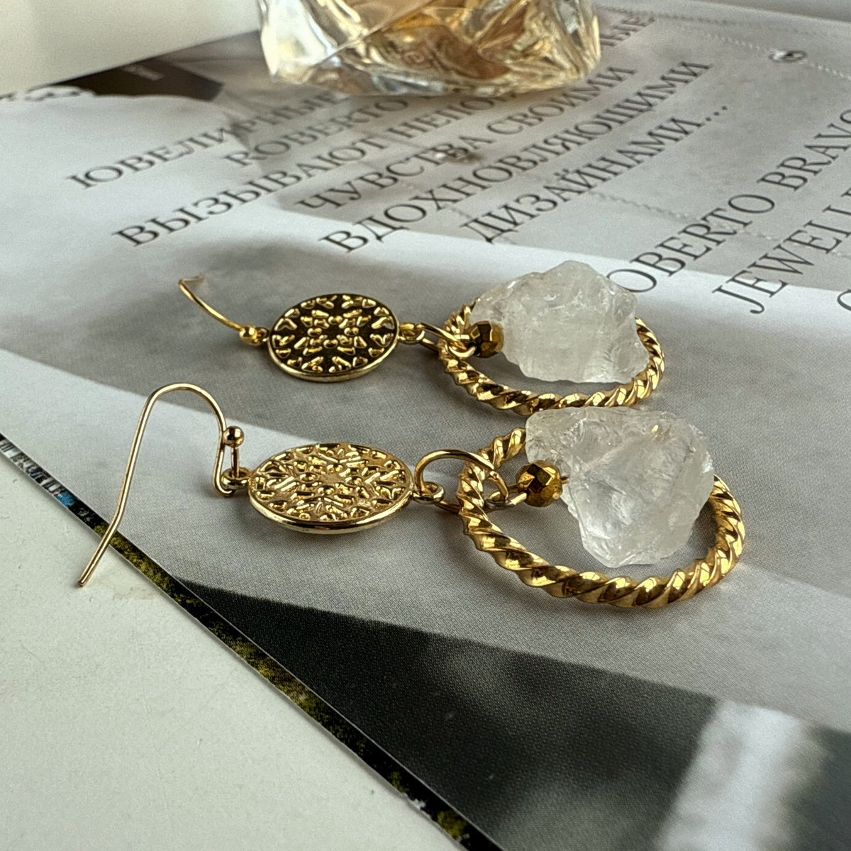 ENERGY | Raw Clear Quartz Statement Earrings in 18K Gold