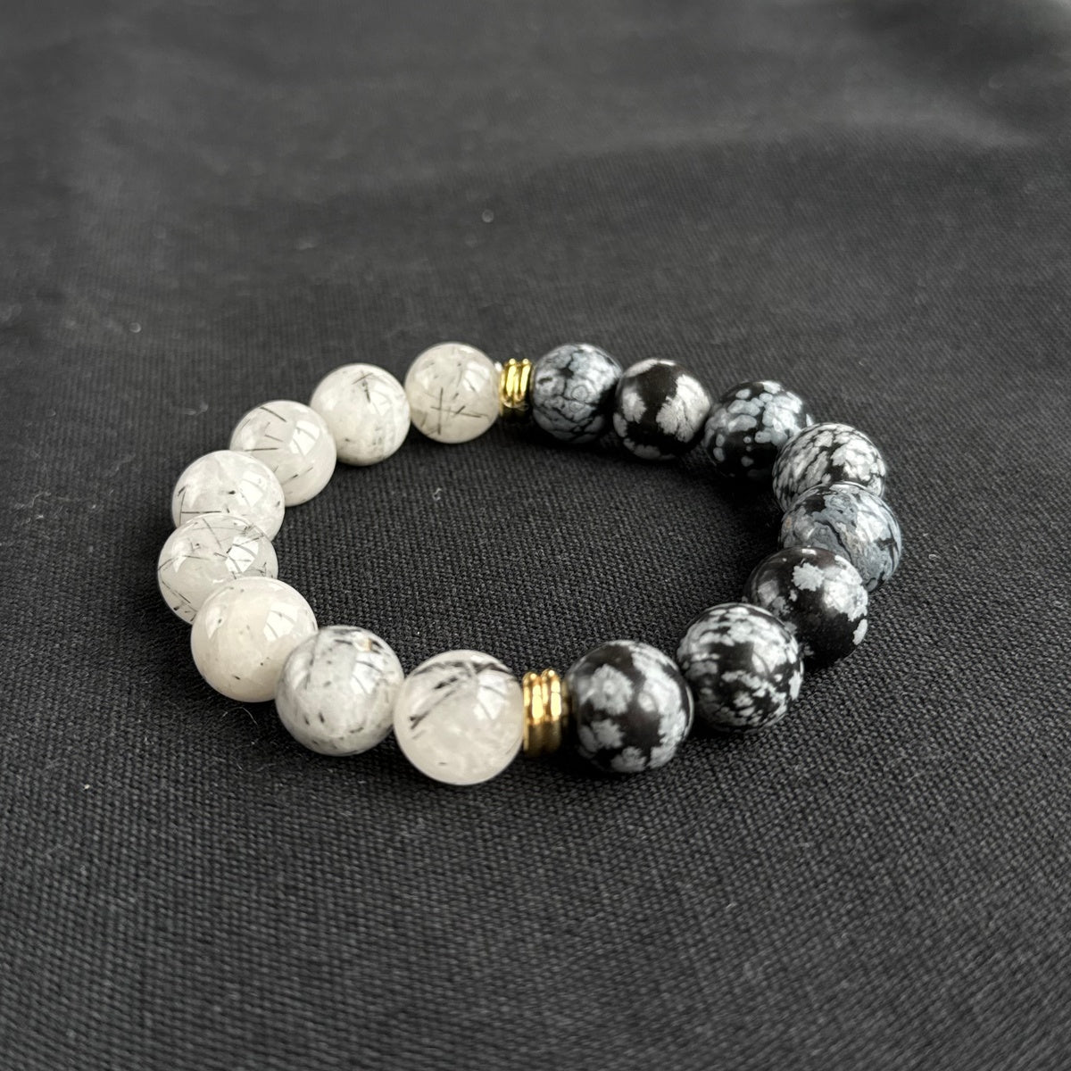 Snowflake Obsidian & Rutilated Quartz Bracelet | 18K Gold Accents